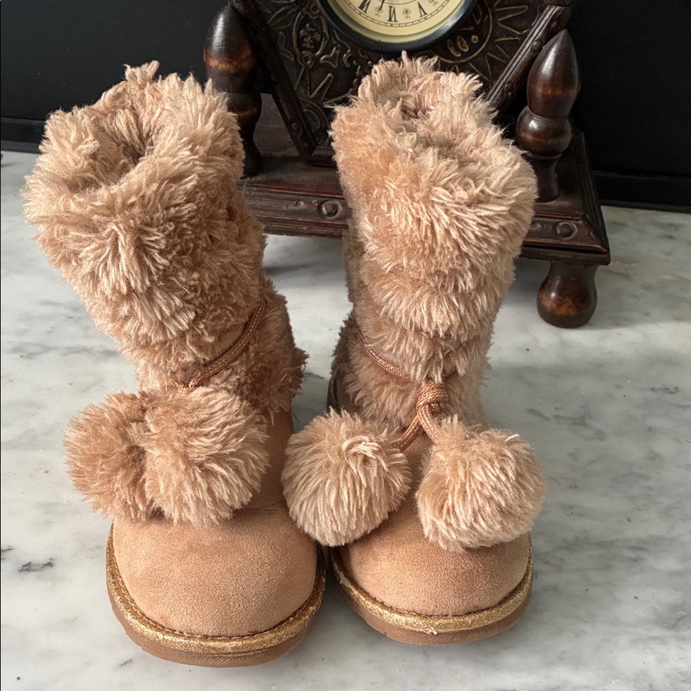 Cozy Tan Kids Boots with Pom Poms - Picture 6 of 11